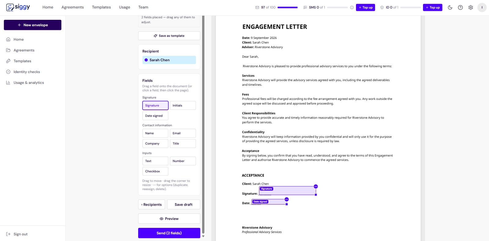 Siggy: placing signature fields on an engagement letter